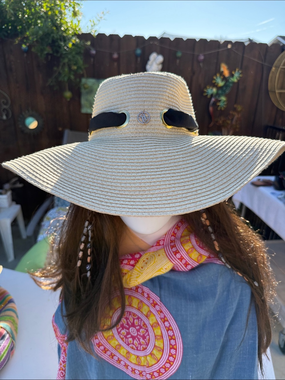 New Adrienne Vanderbilt designerWide Brim Straw Sun Hat with Black Ribbon Accent